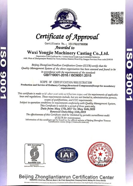 China Wuxi Yongjie Machinery Casting Co., Ltd. certification
